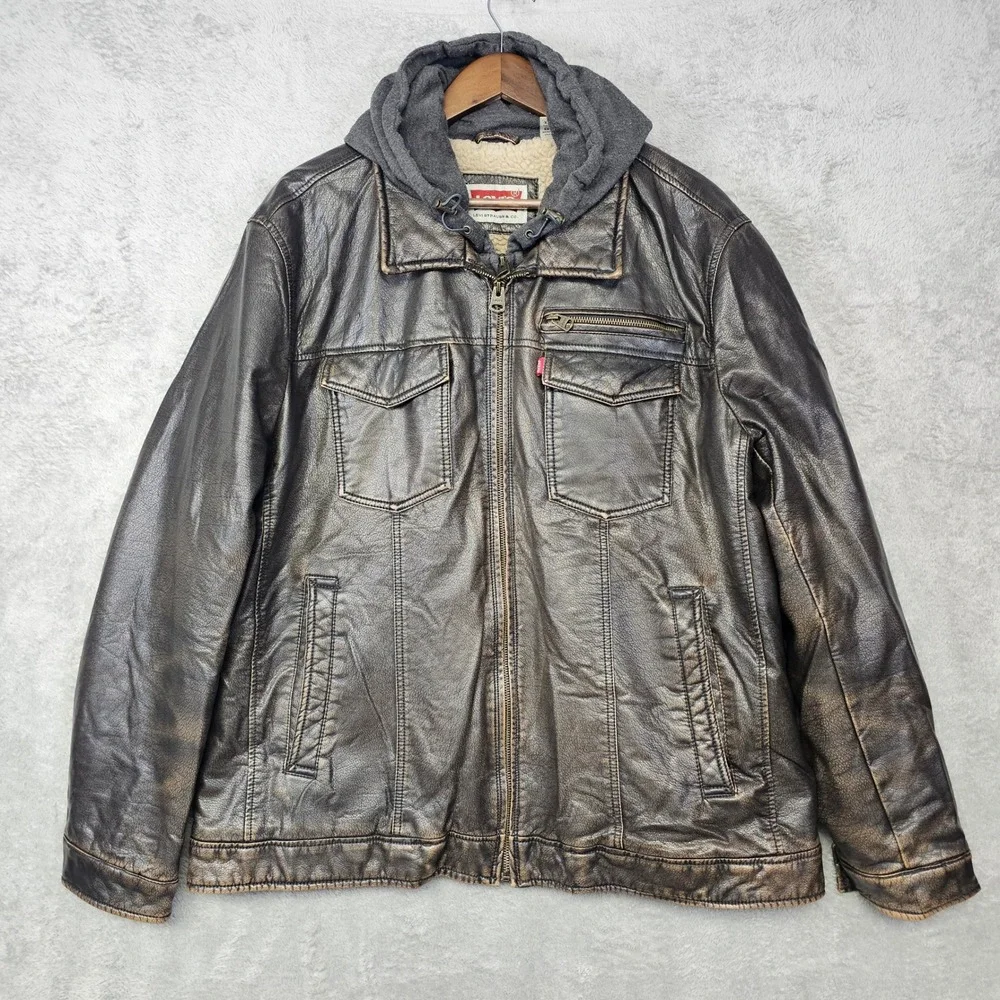 Levi's Men's Faux Leather Sherpa Hoodie Jacket XXL Brown Distressed Grunge Moto‎